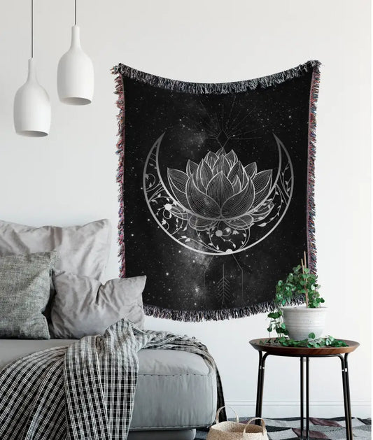 Jacquard Woven - Lotus and MOON Woven - Black and Gray - Woven Tapestry - Blanket -Cotton Meditation Yoga Grunge Hippie by DesignBohemian
