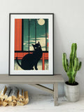 Japanese Cat In The Window Painting Black Cat Print by My Store