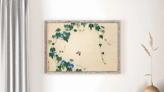 Japanese Morning Glories Moody Floral Print Dark Green and Blue by DesignBohemian