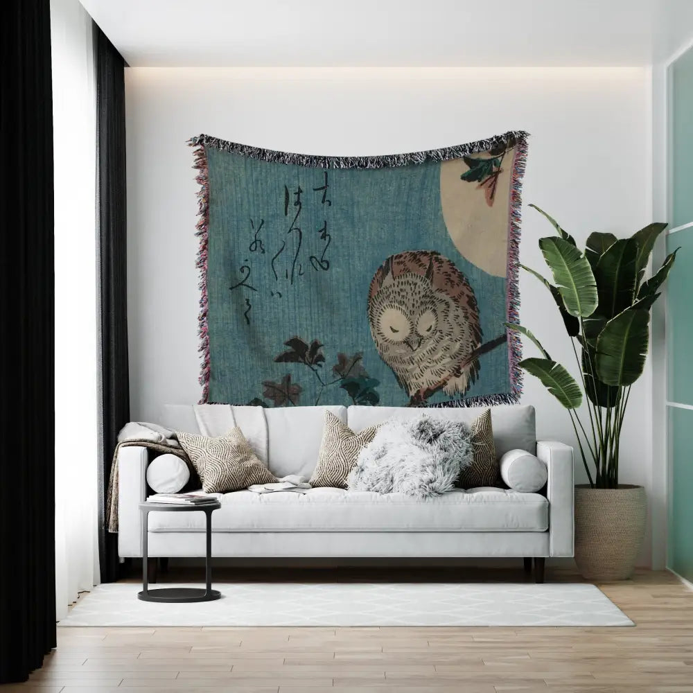 Japanese Owl Woven Blanket: Vintage Hiroshige Design by DesignBohemian
