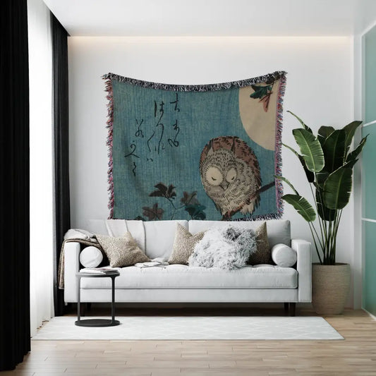 Japanese Owl Woven Blanket: Vintage Hiroshige Design by DesignBohemian