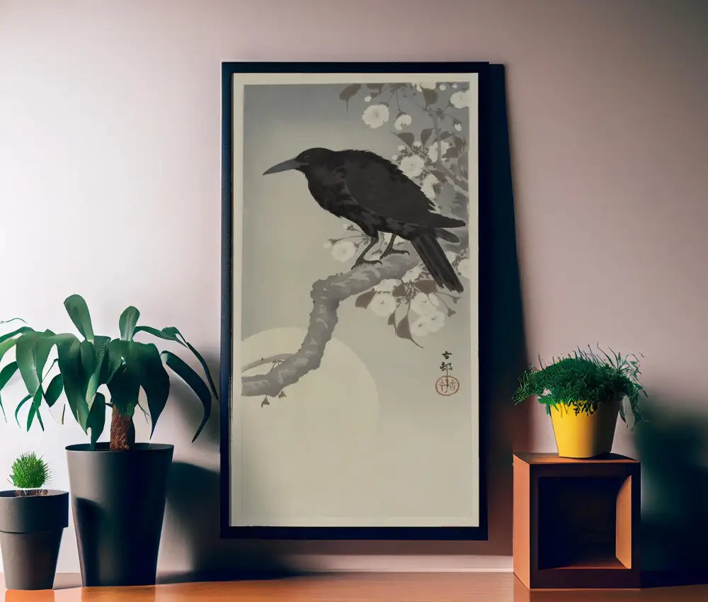 Japanese Woodblock - Crow and Moon - Bohemian Vintage - Print Large Artwork - Floral - Long Poster - 1800s by DesignBohemian