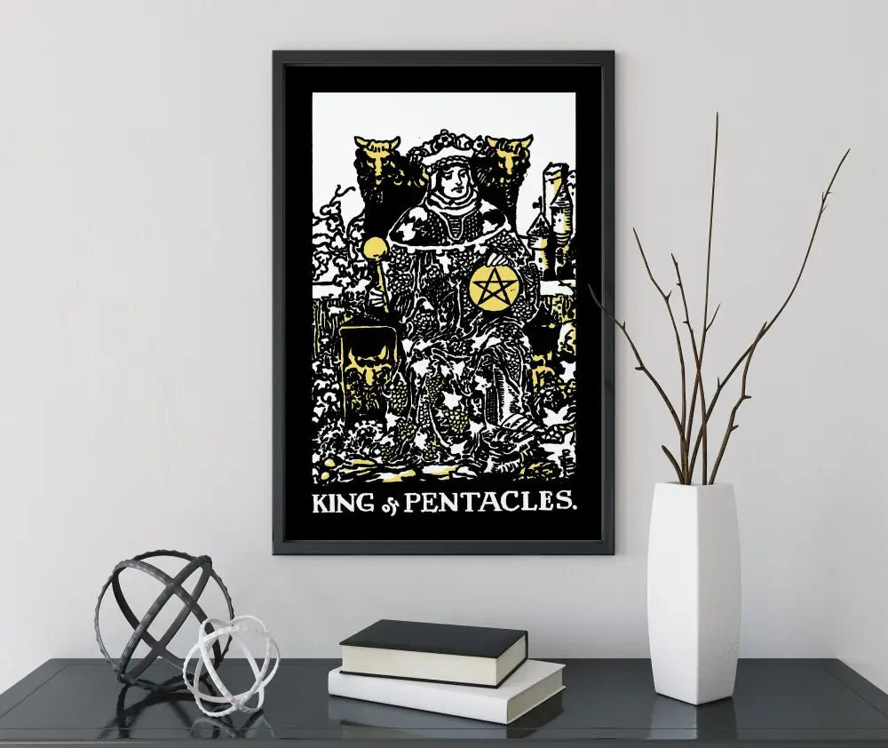 King Of Pentacles Tarot Card Print Poster In Black White Yellow For Elegant Space Decor by My Store