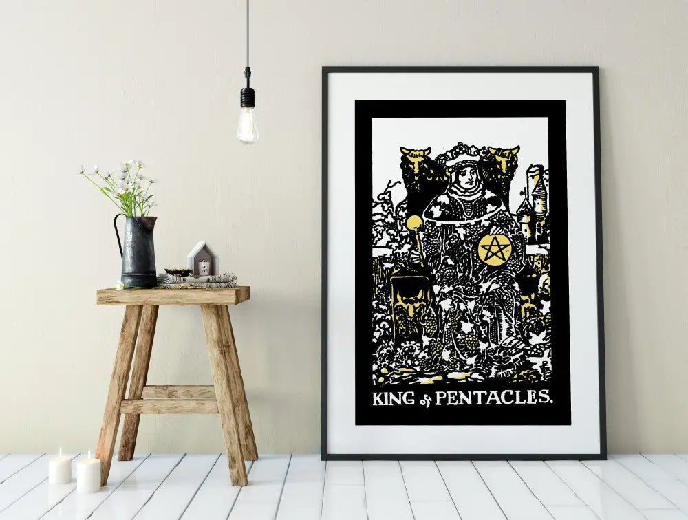 King Of Pentacles Tarot Card Print Poster In Black White Yellow For Elegant Space Decor by My Store