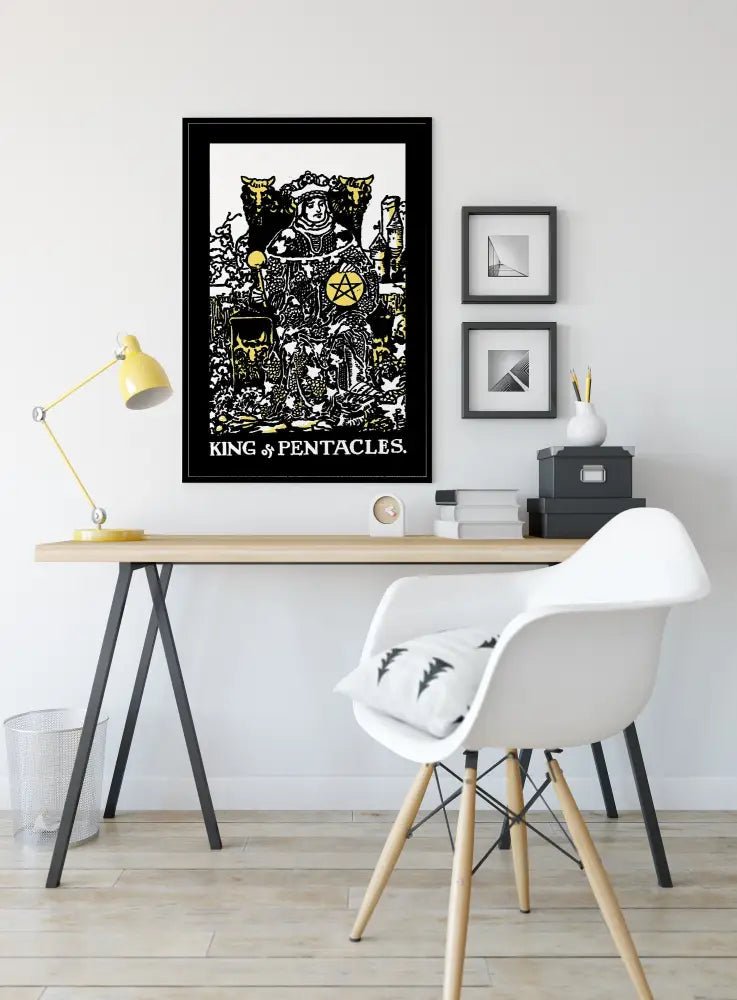 King Of Pentacles Tarot Card Print Poster In Black White Yellow For Elegant Space Decor by My Store