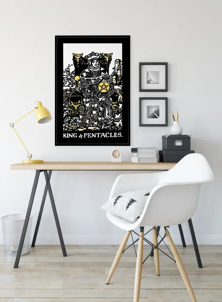 King Of Pentacles Tarot Card Print Poster In Black White Yellow For Elegant Space Decor by My Store