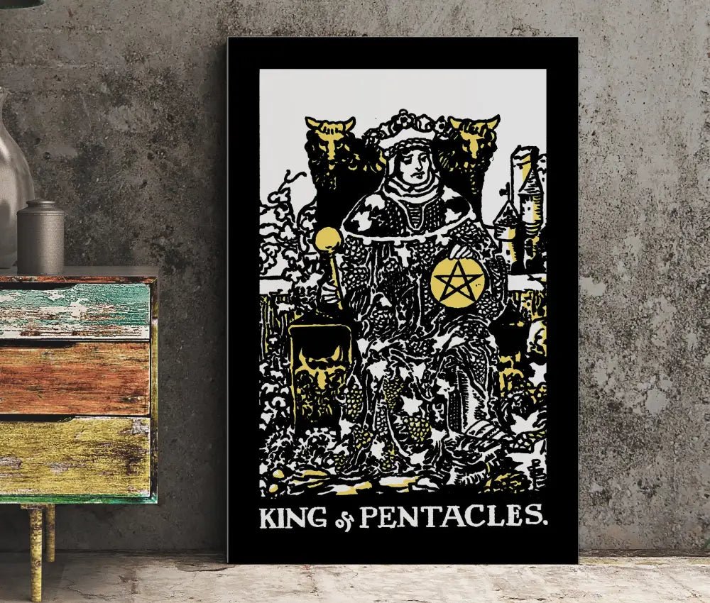 King Of Pentacles Tarot Card Print Poster In Black White Yellow For Elegant Space Decor by My Store