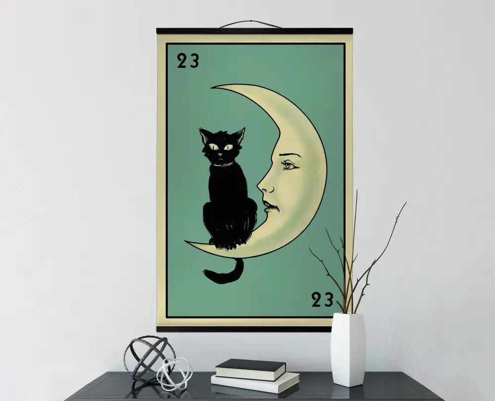 La Luna Cat And Moon Card Canvas Wall Hanging Tapestry Yeats Inspired Feline Decor by My Store
