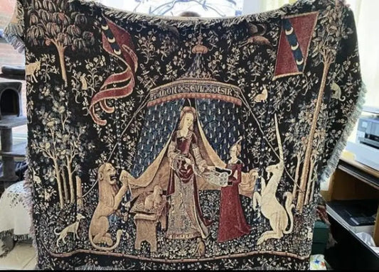 Lady and Unicorn Woven Blanket: Medieval Tapestry, Cotton Throw by DesignBohemian