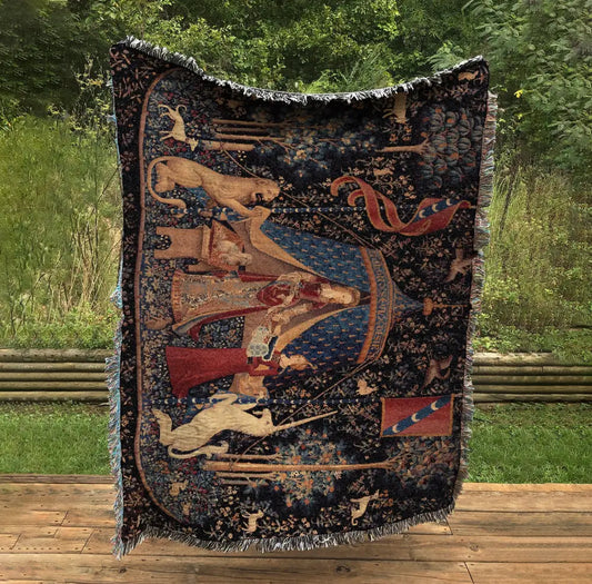 Lady and Unicorn Woven Blanket: Medieval Tapestry, USA Made Cotton by DesignBohemian