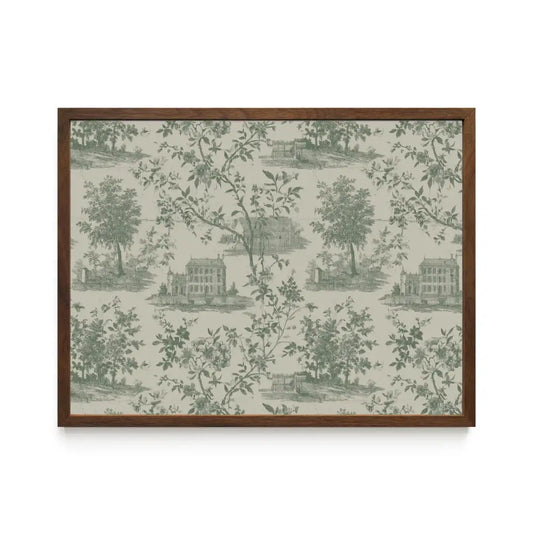 Large Framed Vintage Green Toile Wall Art 4x6 • Natural Oak