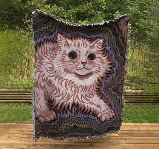 Louis Wain Cat Woven Blanket Tapestry Throw Featuring Cat Illustration Crafted In USA Jacquard Cotton by DesignBohemian