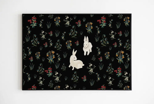 Medieval Tapestry Style Spring Print Bunnies and Flora Art on Premium Archival Matte Paper by DesignBohemian