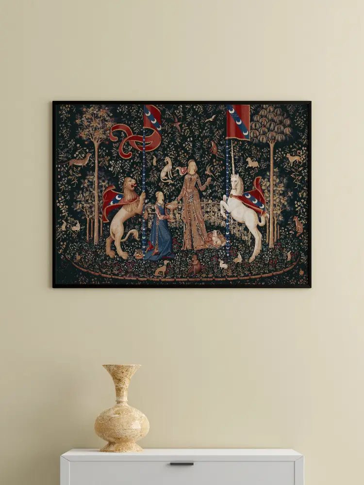 Medieval Unicorn Print Taste Lady With Unicorn Art In Dark Green Flora 1500s Edition by My Store