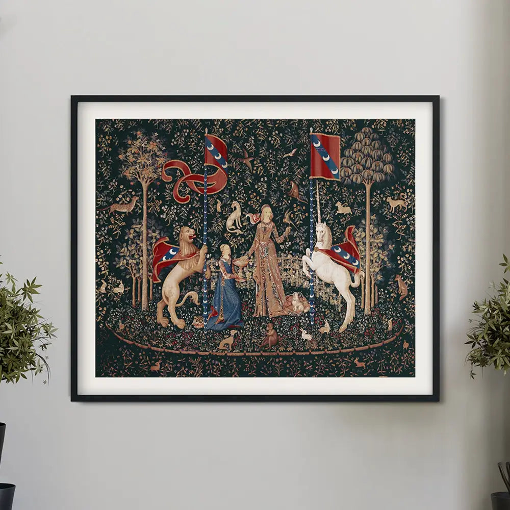 Medieval Unicorn Print Taste Lady With Unicorn Art In Dark Green Flora 1500s Edition by My Store