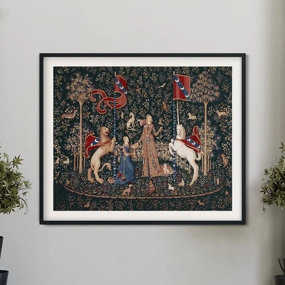 Medieval Unicorn Print Taste Lady With Unicorn Art In Dark Green Flora 1500s Edition by My Store