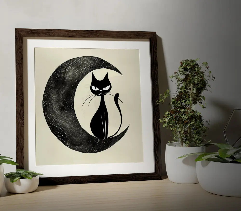 Midcentury Modern Cat And Moon Print Black Beige Square by My Store
