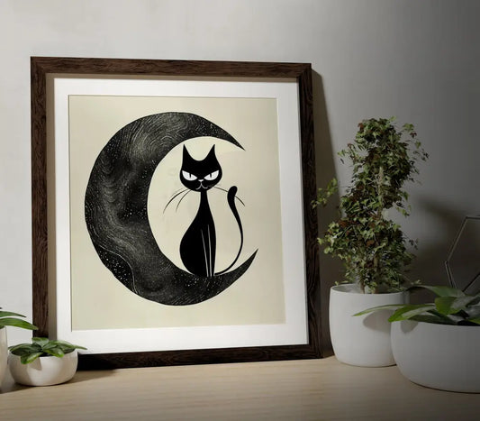 Midcentury Modern Cat And Moon Print Black Beige Square by My Store