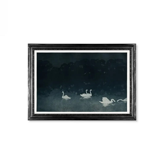 Moody Vintage Swans Print Large Artwork Dark Blue Decor by My Store