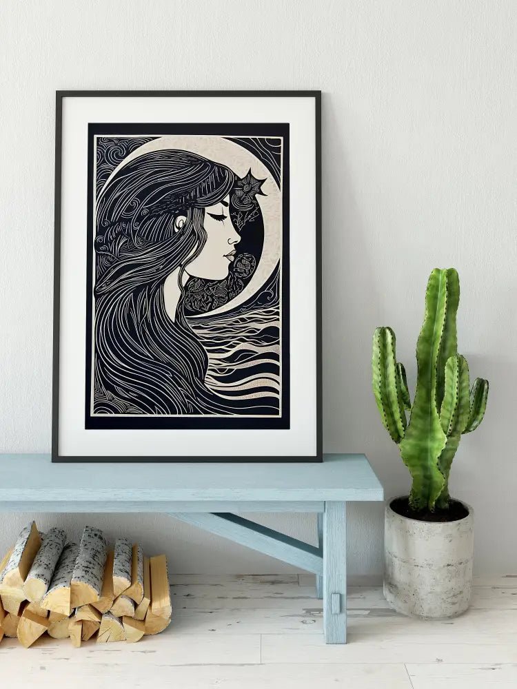 Moon Goddess Bohemian Art Print In Black And White On Premium Archival Matte Fine Art Paper Large Artwork by My Store