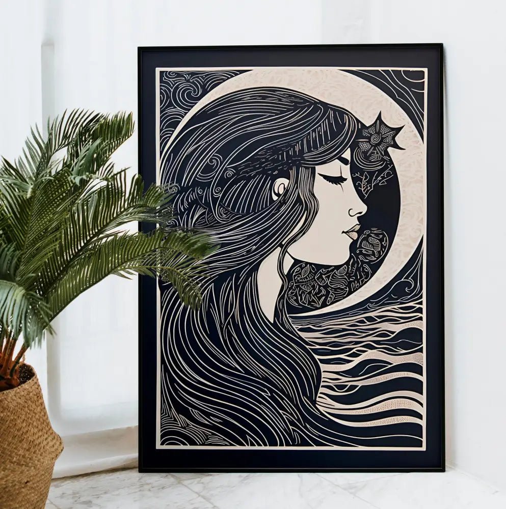 Moon Goddess Bohemian Art Print In Black And White On Premium Archival Matte Fine Art Paper Large Artwork by My Store
