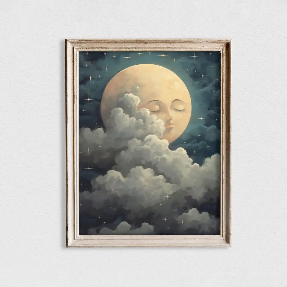 Moon With Face Sky Painting Cute Nursery Print by My Store