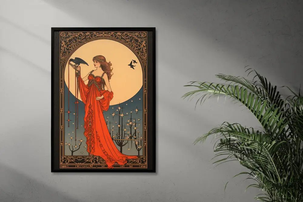 Morrigan Goddess Deco Art Nouveau Poster Red Gold Print by My Store