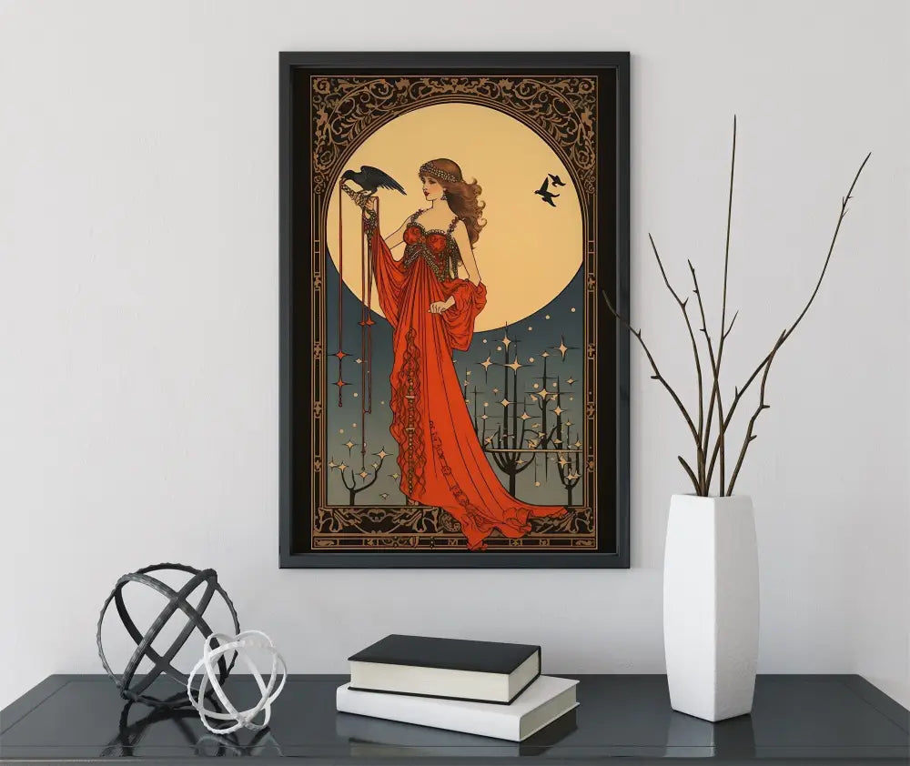 Morrigan Goddess Deco Art Nouveau Poster Red Gold Print by My Store
