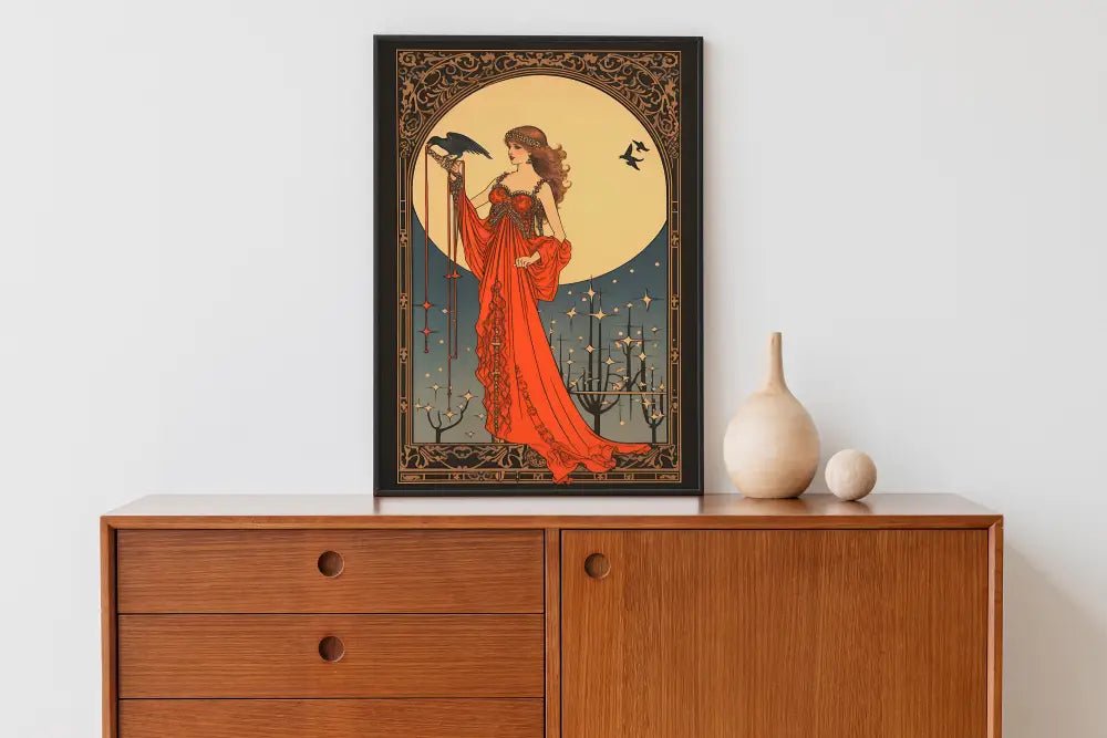 Morrigan Goddess Deco Art Nouveau Poster Red Gold Print by My Store