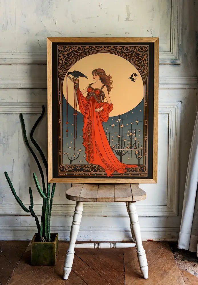 Morrigan Goddess Deco Art Nouveau Poster Red Gold Print by My Store