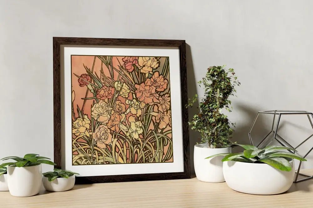 Mucha Flowers Art Nouveau Mandala Print Pink and Beige Square Wall Art Giclee Fine Art by My Store