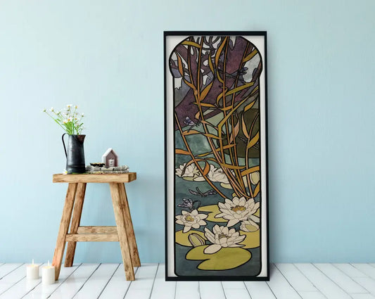 Mucha Inspired Art Nouveau Floral Long Poster Artwork With Lotus Flower Design Edition by My Store