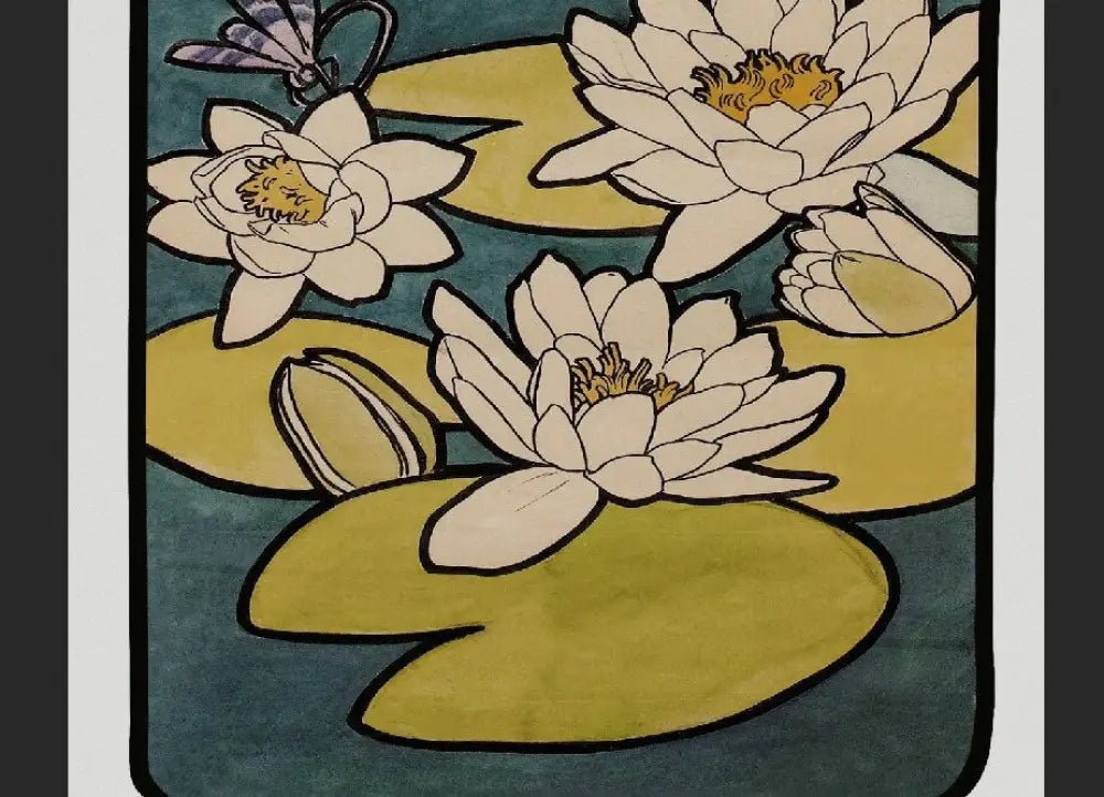 Mucha Inspired Art Nouveau Floral Long Poster Artwork With Lotus Flower Design Edition by My Store