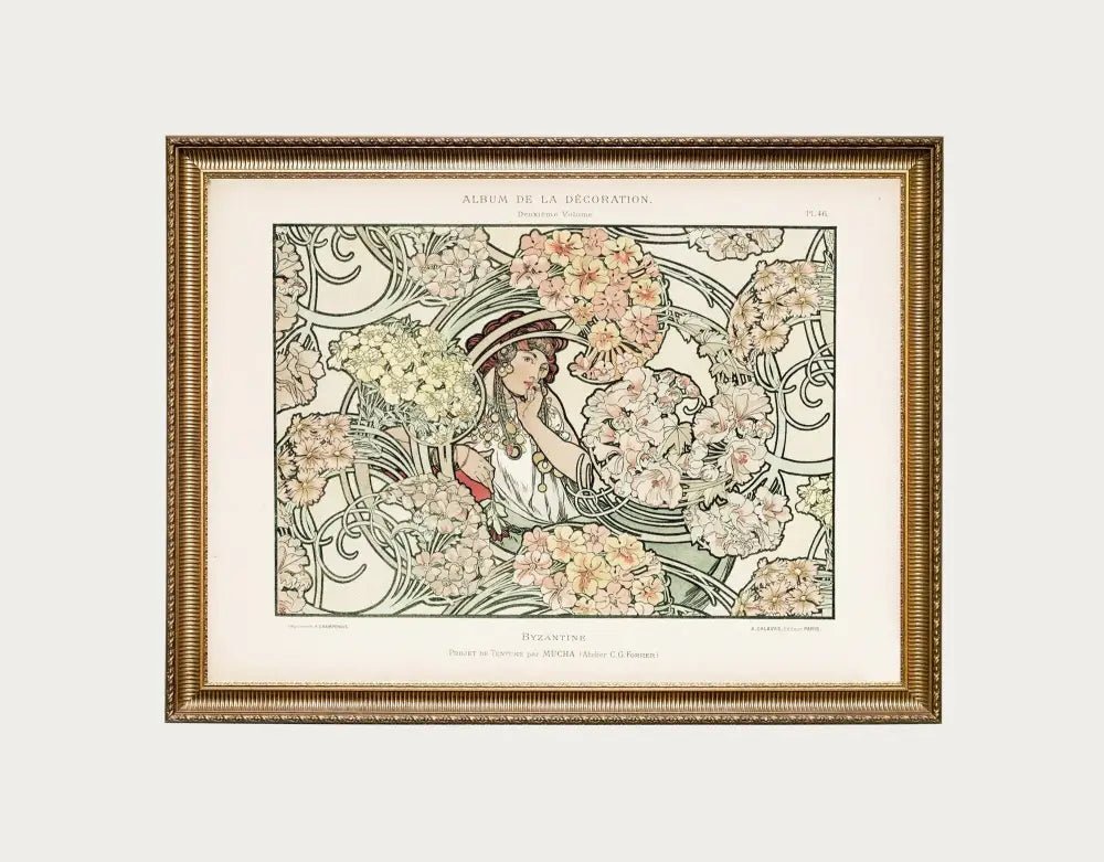 Mucha Original Art Nouveau Floral Print Large Artwork Bohemian Wall Decor Beige Pink Green Hues by My Store