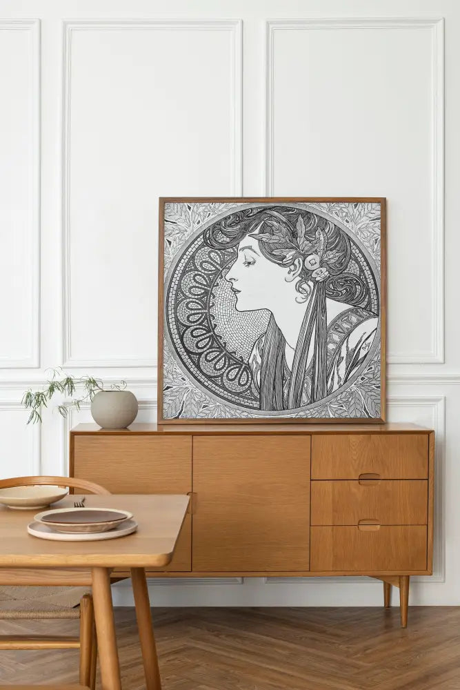 Mucha Print Black And White Square Art Illustration Alphonse Mucha by My Store