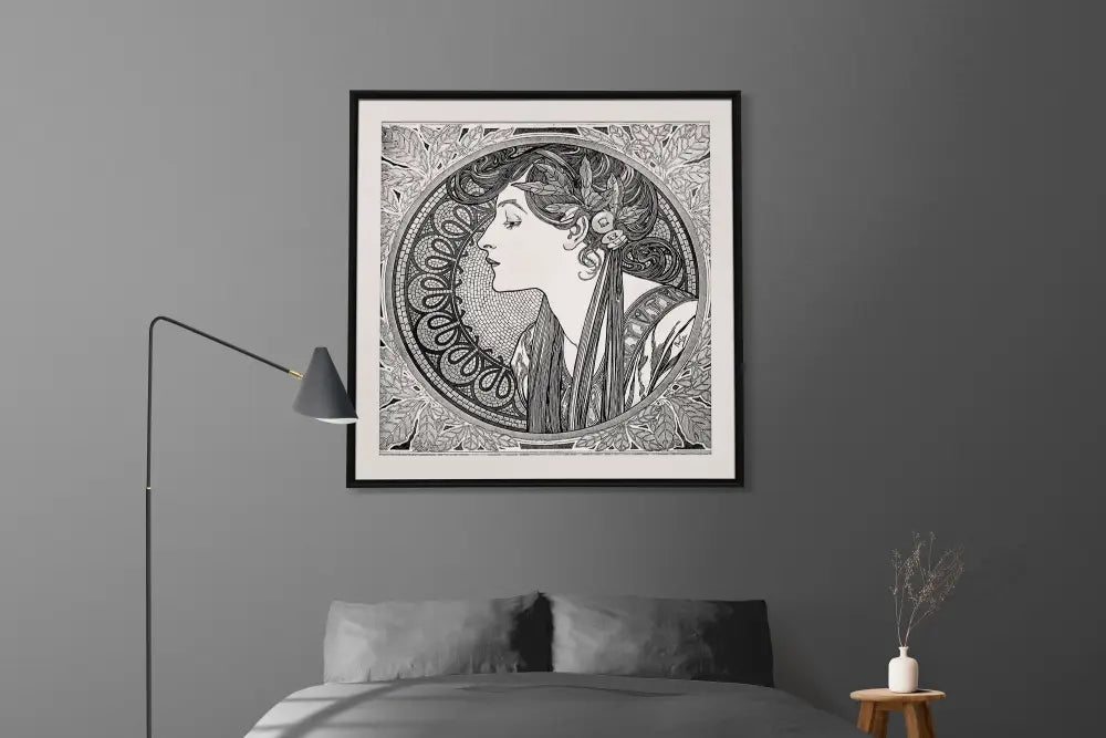 Mucha Print Black And White Square Art Illustration Alphonse Mucha by My Store