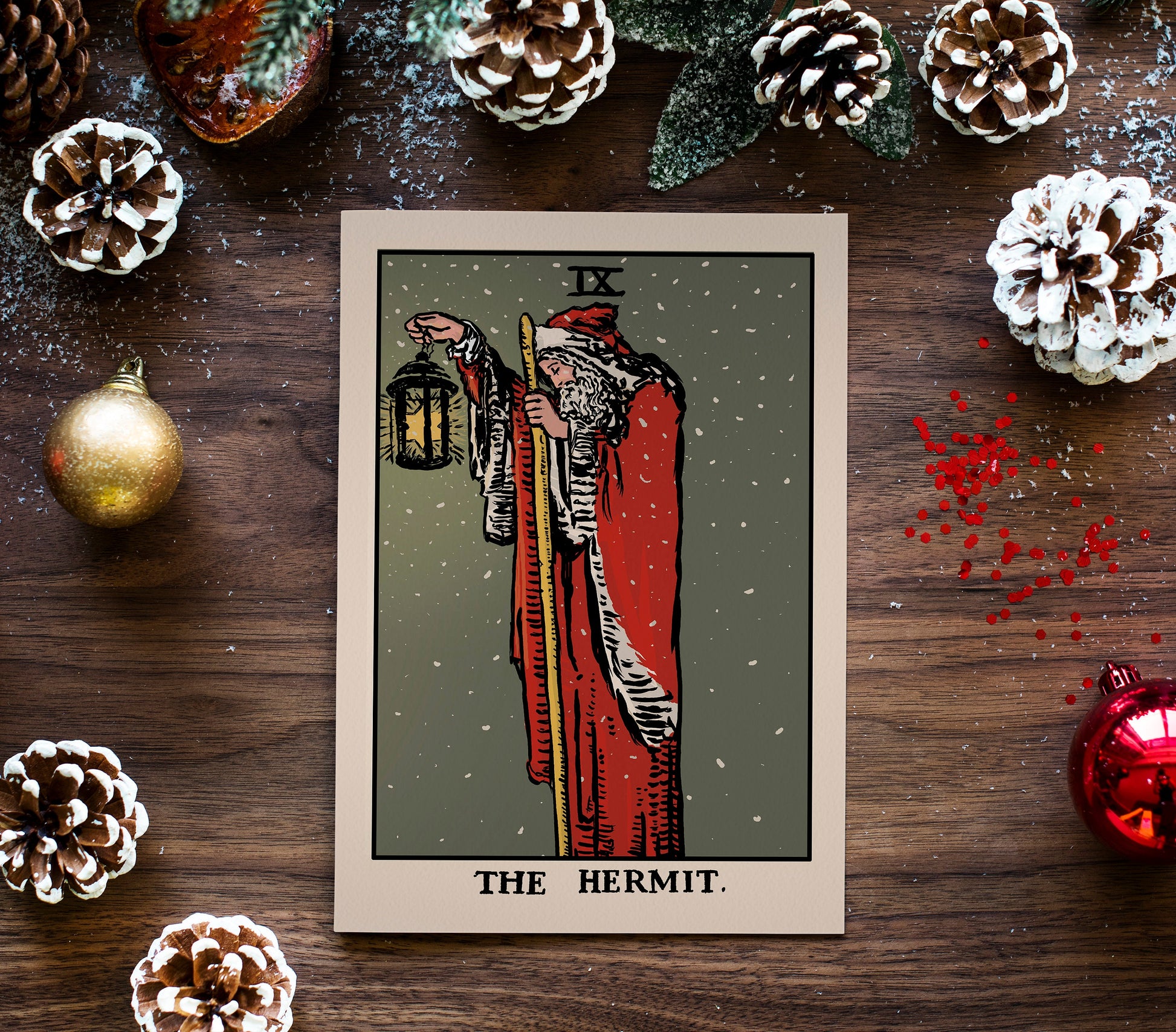 Christmas Cards - Tarot Themed Hermit as Santa Holiday Cards Poster , No Frame