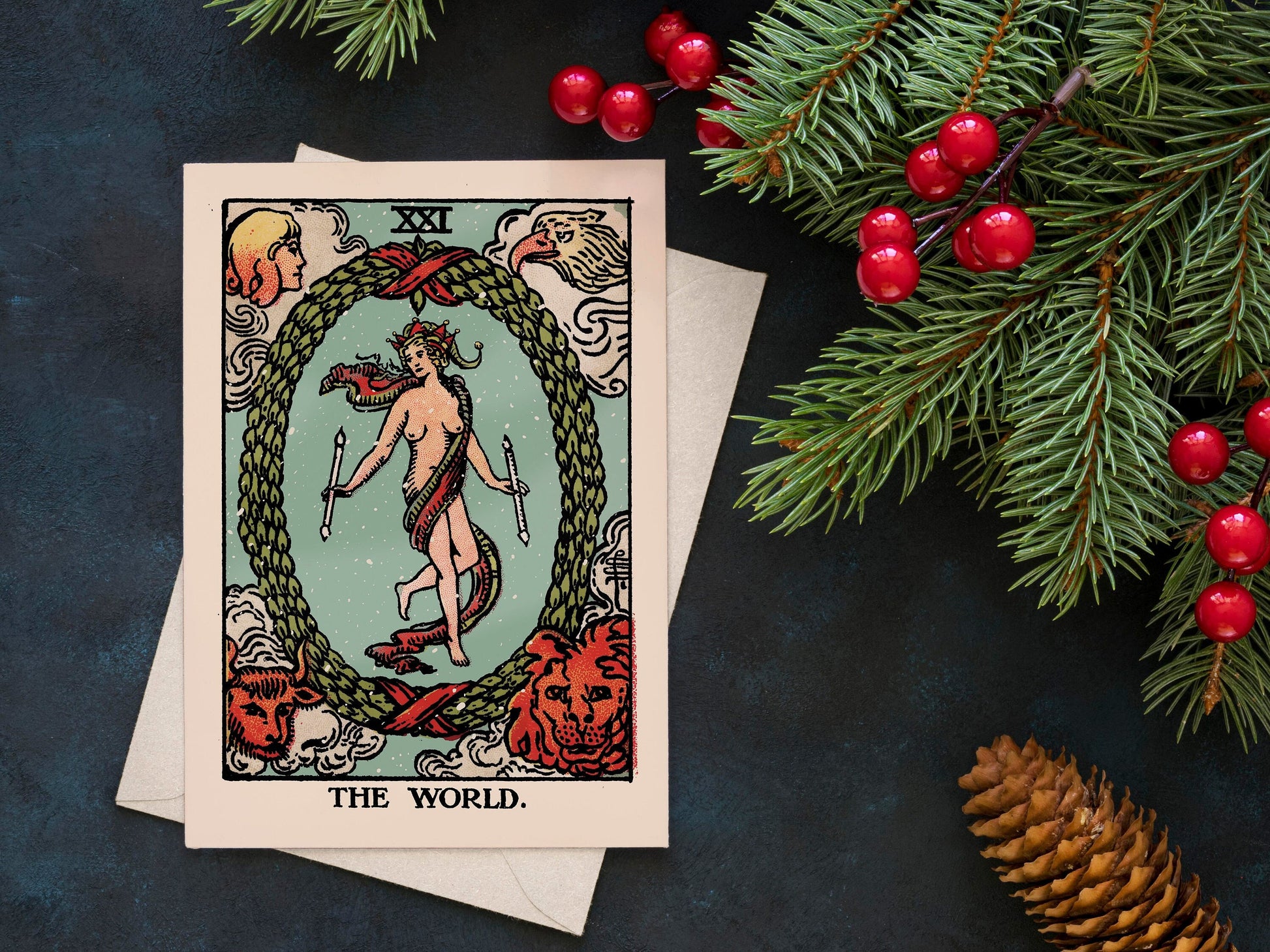 Christmas Cards - The World Tarot Holiday Cards Poster , No Frame