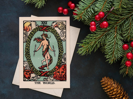 Christmas Cards - The World Tarot Holiday Cards Poster , No Frame