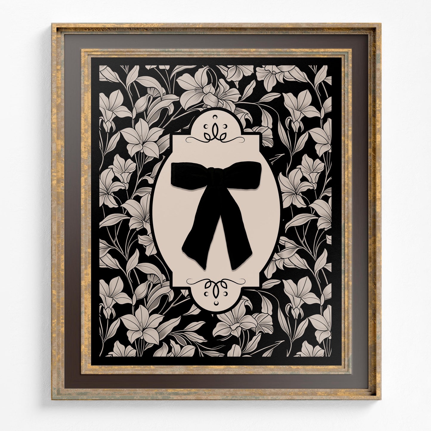 Black Bow with Vintage Pattern Print, Black Bow Poster (No Frame)