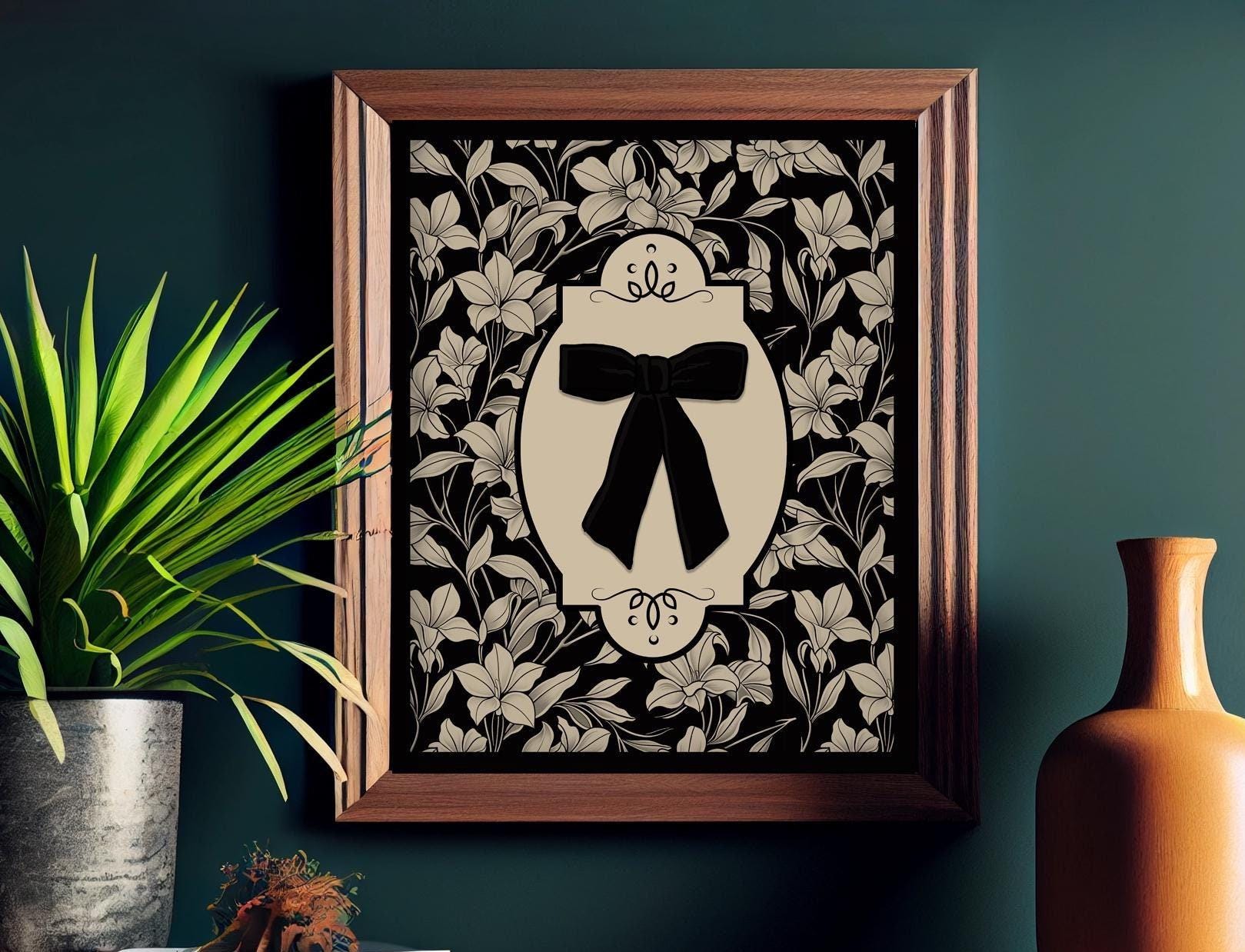 Black Bow with Vintage Pattern Print, Black Bow Poster (No Frame)