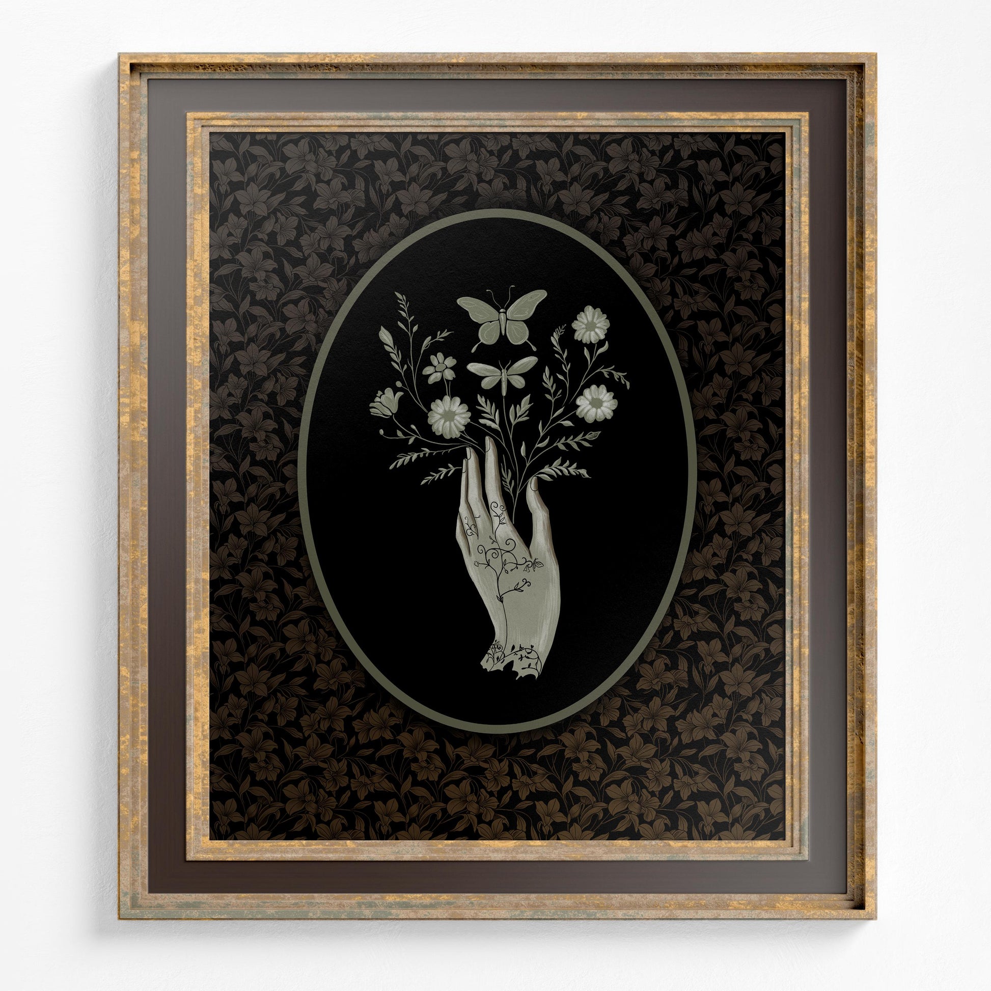 Hand Holding Flowers Illustration - Gothic Dark Academia Print (No Frame)