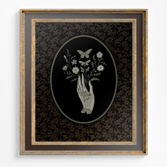 Hand Holding Flowers Illustration - Gothic Dark Academia Print (No Frame)