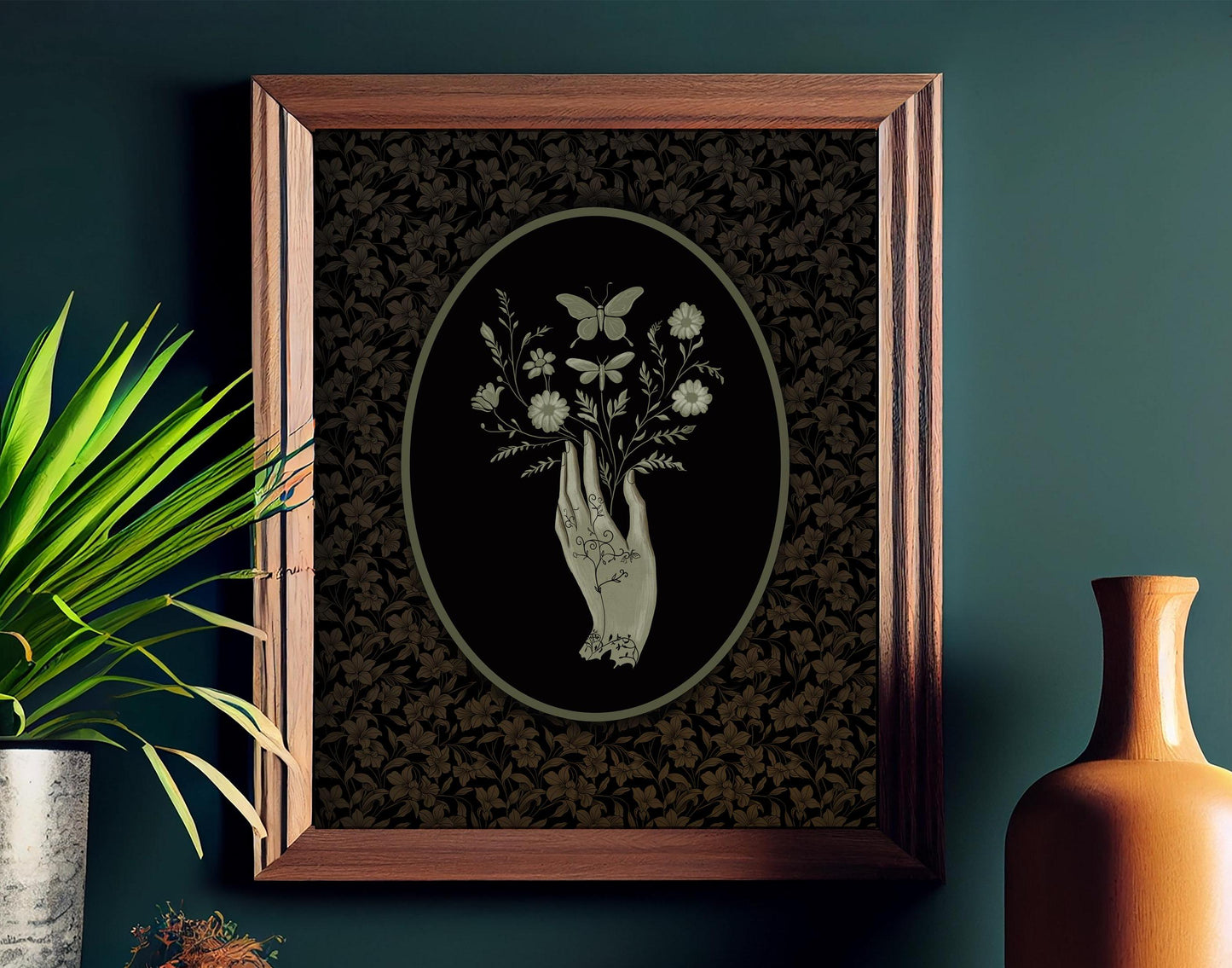 Hand Holding Flowers Illustration - Gothic Dark Academia Print (No Frame)