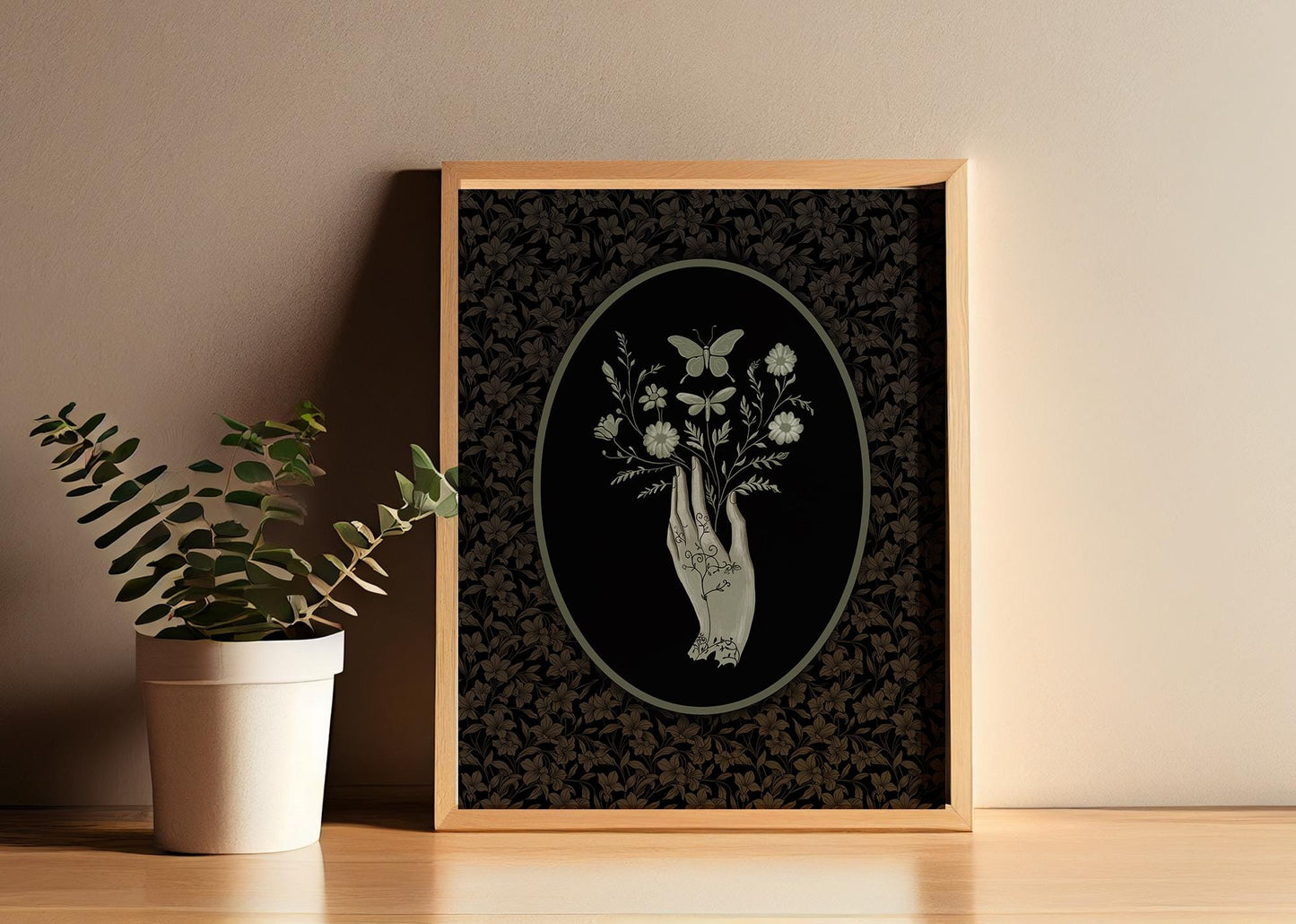 Hand Holding Flowers Illustration - Gothic Dark Academia Print (No Frame)