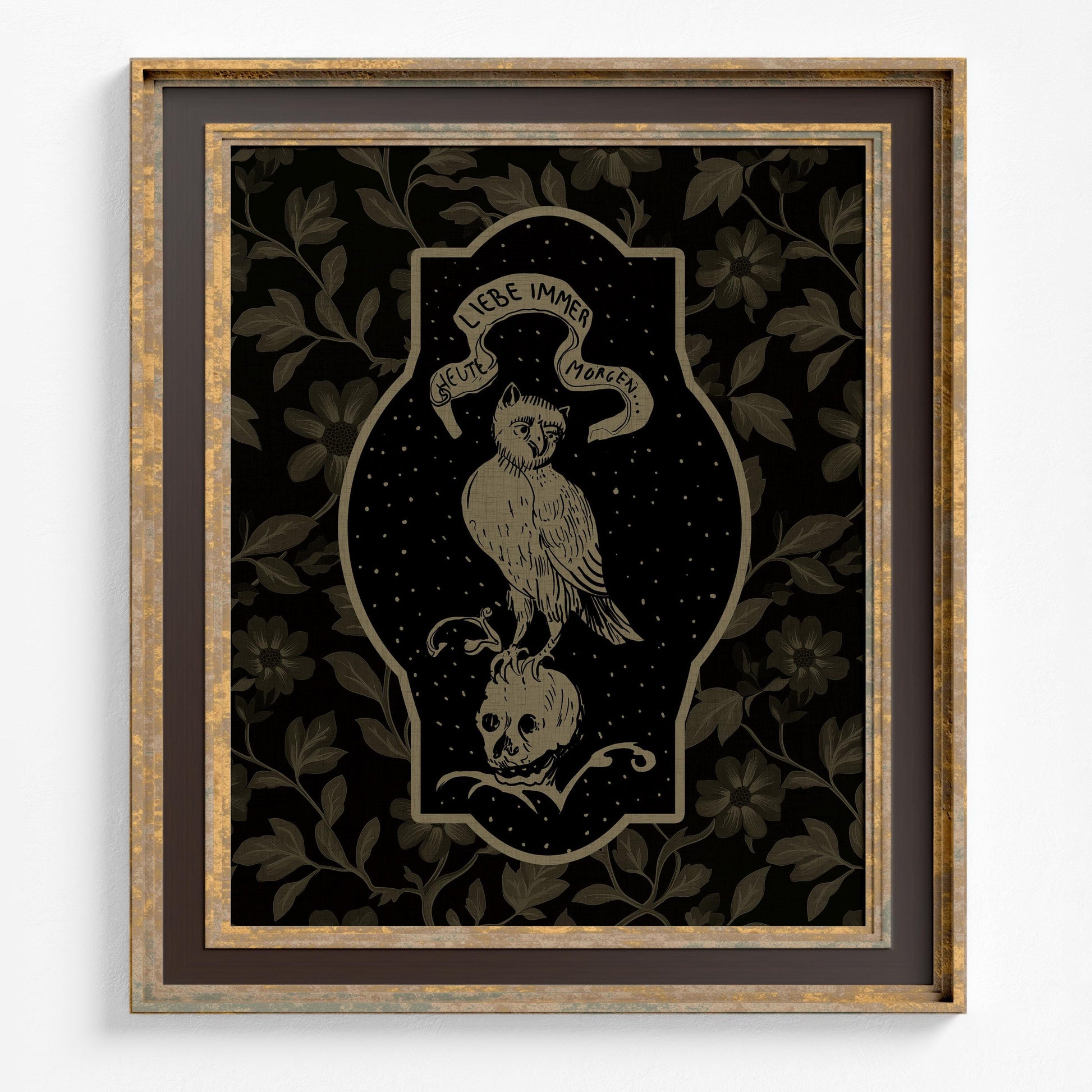 Owl and Skull Print, Vintage Love Always - Today and Tomorrow Illustration (No Frame)