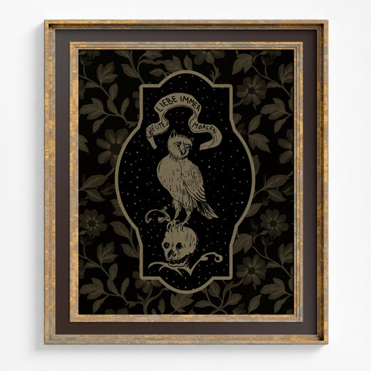 Owl and Skull Print, Vintage Love Always - Today and Tomorrow Illustration (No Frame)