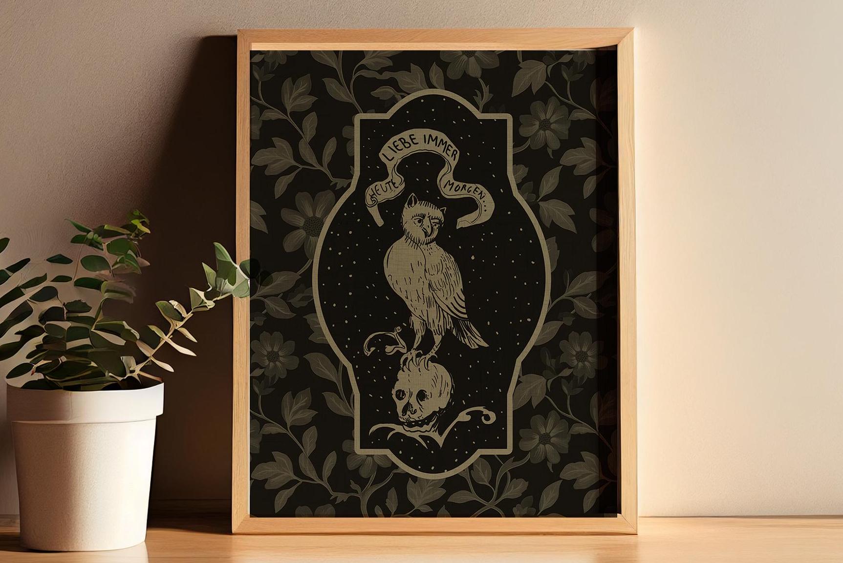 Owl and Skull Print, Vintage Love Always - Today and Tomorrow Illustration (No Frame)