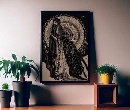 Sun Goddess Art - Hand Drawn Print, Dark Academia (No Frame)