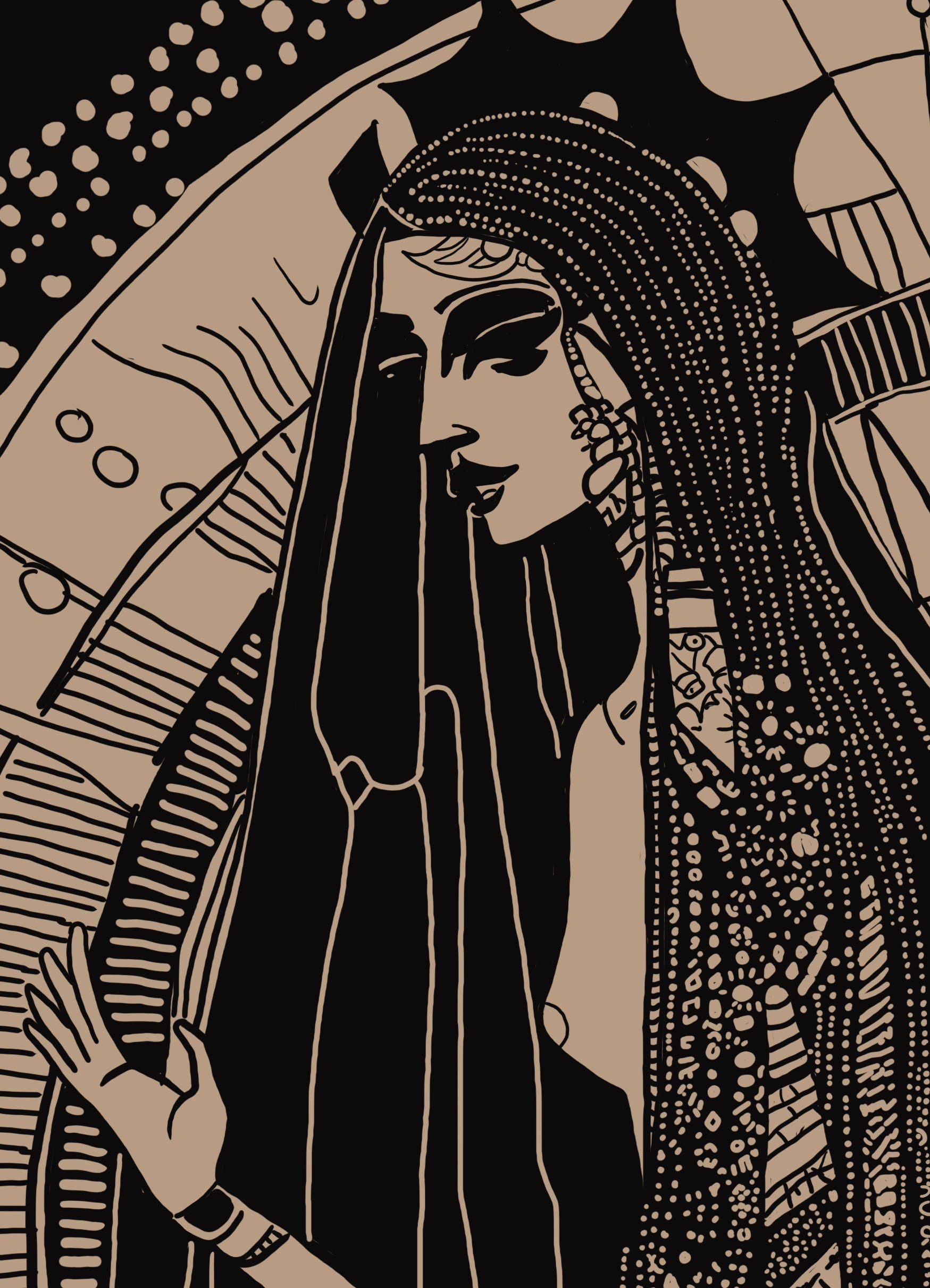 Sun Goddess Art - Hand Drawn Print, Dark Academia (No Frame)